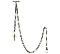 TREEWETO Men's Albert Chain Pocket Watch Curb Link Key Chain 2 Hooks with Antique Cross Bronze Pendant Design Charm Fob T Bar