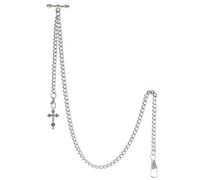 TREEWETO Men's Albert Chain Pocket Watch Curb Link Key Chain 2 Hooks with Antique Cross Pendant Design Charm Fob T Bar, Silver