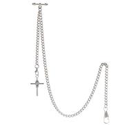 TREEWETO Men's Albert Chain Pocket Watch Curb Link Key Chain 2 Hooks with Antique Cross Pendant Design Charm Fob T Bar, Silver
