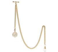 TREEWETO Men's Albert Chain Pocket Watch Curb Link Key Chain 2 Hooks with Antique Life Tree Pendant Design Charm Fob T Bar, Gold