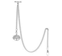 TREEWETO Men's Albert Chain Pocket Watch Curb Link Key Chain 2 Hooks with Antique Life Tree Pendant Design Charm Fob T Bar, Silver