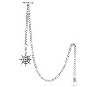 TREEWETO Men's Albert Chain Pocket Watch Curb Link Key Chain 2 Hooks with Antique Silver Rudder Pendant Design Charm Fob T Bar