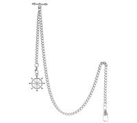 TREEWETO Men's Albert Chain Pocket Watch Curb Link Key Chain 2 Hooks with Antique Silver Rudder Pendant Design Charm Fob T Bar