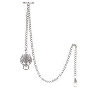 TREEWETO Men's Albert Chain Pocket Watch Curb Link Key Chain 2 Hooks with Antique Wolf Pendant Design Charm Fob T Bar, Silver