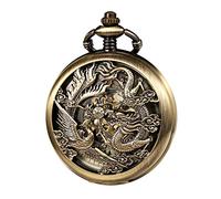 TREEWETO Mens Antique Mechanical Pocket Watch Bronze Lucky Dragon & Phoenix Retro Skeleton Dial Double Cover with Chain