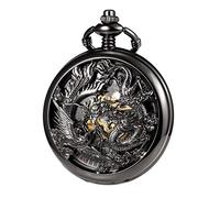 TREEWETO Mens Antique Mechanical Pocket Watch Lucky Dragon & Phoenix Retro Skeleton Dial Double Cover with Chain, Black, Mechanical
