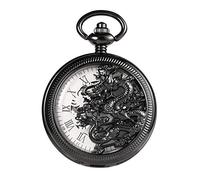 TREEWETO Mens Antique Skeleton Mechanical Black Pocket Watch Dragon Hollow Hunter with Chain and Box