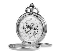 TREEWETO Mens Antique Skeleton Mechanical Silver Pocket Watch Dragon Hollow Hunter with Chain and Box