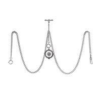 TREEWETO Men's Double Albert Chain Pocket Watch Curb Link Key Chain 3 Hooks with Antique Compass Pendant Design Charm Fob T Bar, Silver, Modern