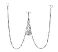 TREEWETO Men's Double Albert Chain Pocket Watch Curb Link Key Chain 3 Hooks with Antique Life Tree Pendant Design Charm Fob T Bar, Silver