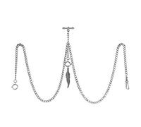 TREEWETO Men's Double Albert Chain Pocket Watch Curb Link Key Chain 3 Hooks with Antique Silver Leaf Pendant Design Charm Fob T Bar