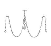 TREEWETO Men's Double Albert Chain Pocket Watch Curb Link Key Chain 3 Hooks with Antique Silver Rudder Pendant Design Charm Fob T Bar