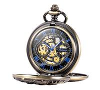 TREEWETO Mens Mechanical Pocket Watch Dream Dragon Skeleton Half Hunter Bronze Tone Double Open Case for Man