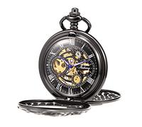TREEWETO Mens Mechanical Pocket Watch Dream Dragon Skeleton Half Hunter Double Open Silver/Bronze/Black Case for Man, Black case with silver dial, Mechanical