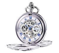 TREEWETO Mens Mechanical Pocket Watch Dream Dragon Skeleton Half Hunter Double Open Silver/Bronze/Black Case for Man, Silver, Mechanical