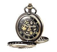 TREEWETO Mens Mechanical Pocket Watch Dream Dragon Skeleton Half Hunter Double Open Silver/Bronze/Black Case for Man, Bronze case with gold dial, Retro