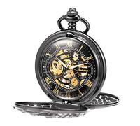 TREEWETO Mens Mechanical Pocket Watch Dream Dragon Skeleton Half Hunter Double Open Silver/Bronze/Black Case for Man, Black case with gold dial, Mechanical