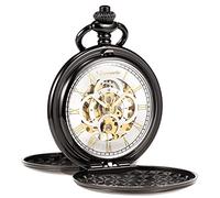TREEWETO Men's Mechanical Pocket Watch Vintage Steampunk Black Smooth Double Case Roman Numerals Fob Watches for Men Women with Chain Box
