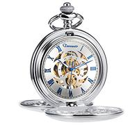 TREEWETO Men's Mechanical Pocket Watch Vintage Steampunk Smooth Double Case Roman Numerals Fob Watches for Men Women with Chain Box, Silver Blue