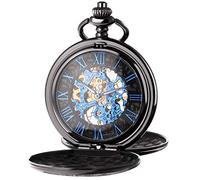 TREEWETO Men's Mechanical Skeleton Pocket Watch for Mens Women Blue Roman Numerals Dial Black Double Case Pocket Watches