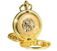 TREEWETO Men's Mechanical Skeleton Pocket Watch for Mens Women Blue Roman Numerals Dial Double Case Pocket Watches, Gold gold, Retro