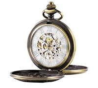 TREEWETO Men's Mechanical Skeleton Pocket Watch for Mens Women Blue Roman Numerals Dial Double Case Pocket Watches, Bronze, Mechanical