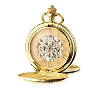 TREEWETO Men's Mechanical Skeleton Pocket Watch for Mens Women Blue Roman Numerals Dial Double Case Pocket Watches, Gold, Mechanical