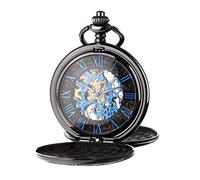 TREEWETO Men's Mechanical Skeleton Pocket Watch for Mens Women Blue Roman Numerals Dial Double Case Pocket Watches, Black, Mechanical