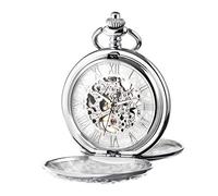 TREEWETO Men's Mechanical Skeleton Pocket Watch for Mens Women Roman Numerals Dial Silver Tone Double Case Pocket Watches