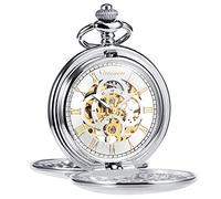 TREEWETO Men's Pocket Watch Retro Smooth Classic Mechanical Hand-Wind Pocket Watch Steampunk Roman Numerals Fob Watch for Men Women with Chain Box, Silver, Mechanical