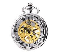 TREEWETO Men's Pocket Watch Silver Tone Steampunk Skeleton Dial Visible Gears Mechanical Movement Open Face Fob Watches