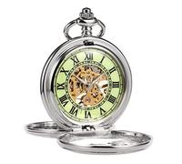 TREEWETO Mens Pocket Watch Vintage Mechanical Reindeer Silver Double Cover Luminous Dial Watches for Men Husband Father's Day Birthday