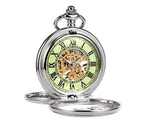 TREEWETO Mens Pocket Watch Vintage Mechanical Reindeer Silver Double Cover Luminous Dial Watches for Men Husband Father's Day Birthday