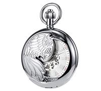 TREEWETO Men's Pocket Watch with Chain, Retro Eagle Analog Steampunk Skeleton Watch, Mechanical Silver Pocket Watches with Roman Numerals for Men