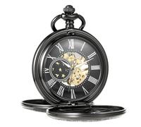 TREEWETO Men's Pocket Watch with Chain Retro Gear Design Double Lid Antique Mechanical Chain Watch Roman Numerals for Father Grandpa Birthday Anniversary, black