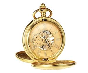 TREEWETO Men's Pocket Watch with Chain Retro Gear Design Double Lid Antique Mechanical Chain Watch Roman Numerals for Father Grandpa Birthday Anniversary, gold, Classic/vintage