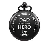 TREEWETO Mens Quartz Black Pocket Watch Engraved with Chain Gift Box for Dad Father Papa Valentines Father's Day Birthday