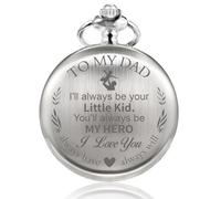 TREEWETO Mens Quartz Personalized Bronze Pocket Watch Engraved Engraving Customized with Chain Gift Box for Dad Father Papa Uncle Grandpa Grandfather Love Silver