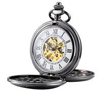 TREEWETO Mens Skeleton Mechanical Pocket Watch, Retro Roman Numerals, Half Hunter, Black