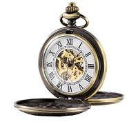 TREEWETO Mens Skeleton Mechanical Pocket Watch, Retro Roman Numerals, Half Hunter, Bronze