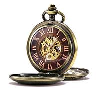 TREEWETO Mens Womens Antique Mechanical Pocket Watch Skeleton Bronze Case Steam Train Railroad Roman Numerals