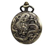 TREEWETO Mens Womens Antique Skeleton Mechanical Pocket Watch 3D Dragon Case with Chain Gift Box
