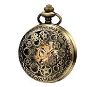 TREEWETO Mens Womens Mechanical Skeleton Pocket Watch Bronze Gear Hollow Case Steampunk Fob Watches with Chain Box