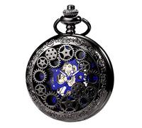 TREEWETO Mens Womens Mechanical Skeleton Pocket Watch Gear Hollow Case Steampunk Blue Hands Fob Watches with Chain Box