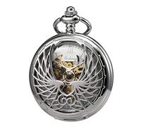 TREEWETO Men's Women's Pocket Watch Mechanical Skeleton Eagle Wings Double Hollow Case Roman Numeral with Chain Gift Box