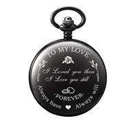 TREEWETO Mens Womens Quartz Black Pocket Watch Engraved Engraving Customized with Chain Gift Box Wedding Gift for Groomsman Bestman Husband Dad Love