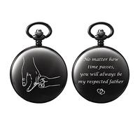 TREEWETO Mens Womens Quartz Personalized Black Pocket Watch Engraved Engraving Customized with Chain Gift Box for Dad Father Papa Uncle Grandpa Grandfather Love