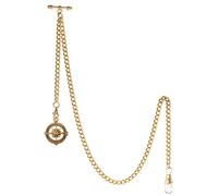 Treeweto Pocket Watch Chain with T-Bar End Piece, Albert T-Bar Pocket Watch Chain with Antique Compass Pendant and 2 Hooks for Vest Buttonhole, Gold