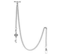 TREEWETO Pocket Watch Chain with T Bar End Piece Albert T-Bar Pocket Watch Chain with Antique Key Pendant and 2 Hooks for Vest Buttonhole, silver