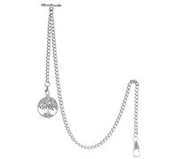TREEWETO Pocket Watch Chain with T Bar End Piece Albert T-Bar Pocket Watch Chain with Antique Tree of Life Pendant and 2 Hooks for Vest Buttonhole, silver, Classic